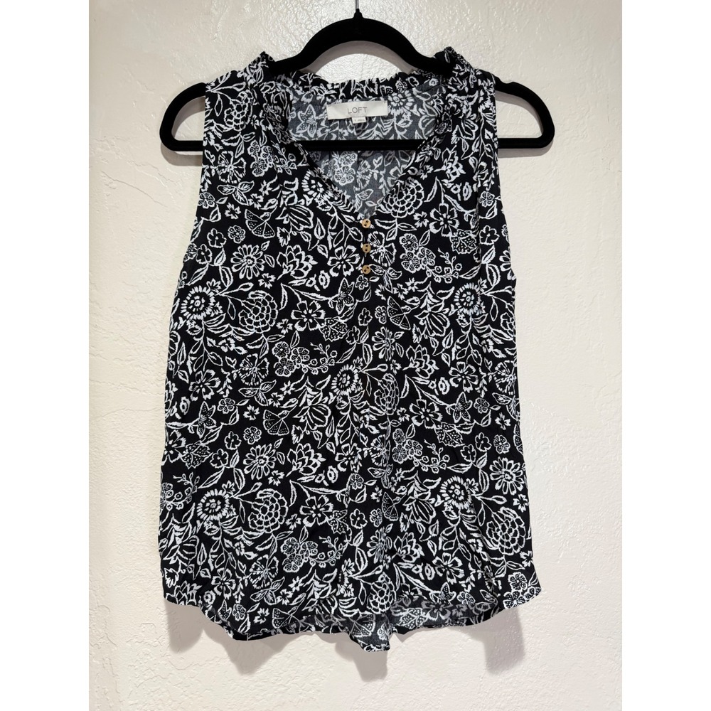 LOFT Womens Black White Floral Sleeveless Ruffle Neck Button Blouse Small Rayon